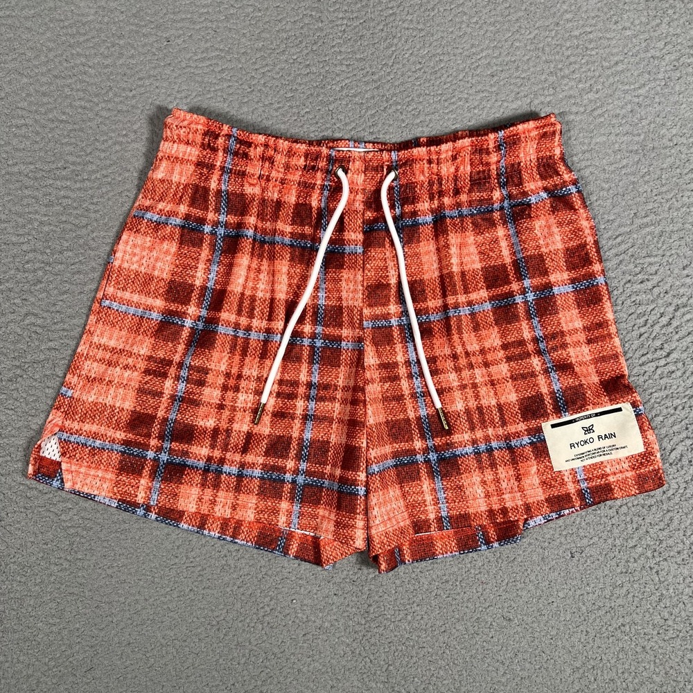 Ryoko Rain Shorts Mens Large Orange Plaid‎ Athletic Elastic Waist Drawstring USA